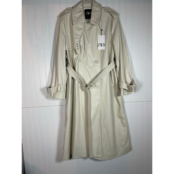 Zara Belted Faux Leather cream Trench Coat size medium oversize NWT  - Picture 6 of 16